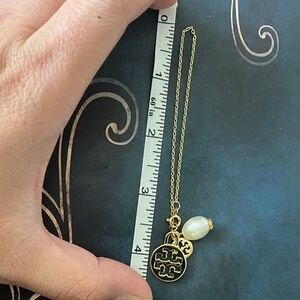 Tory Burch Gold-Tone Logo Pendant Necklace with Pearl Charm